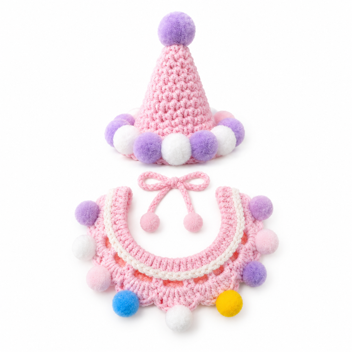Crochet Party Hat & Collar Options - Pink Pom-Pom Set