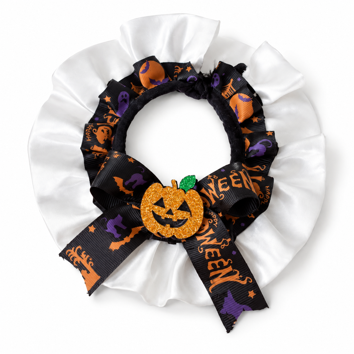 LitterBond Satin Ruffle Halloween Bow Collar Black Pumpkin on white background