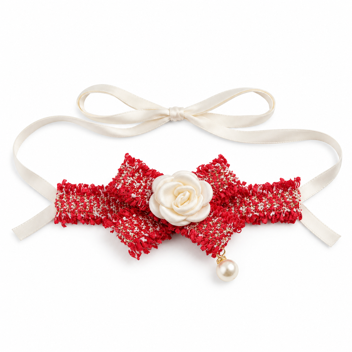 Tweed-Style Flower Ribbon Collar - Red Tweed