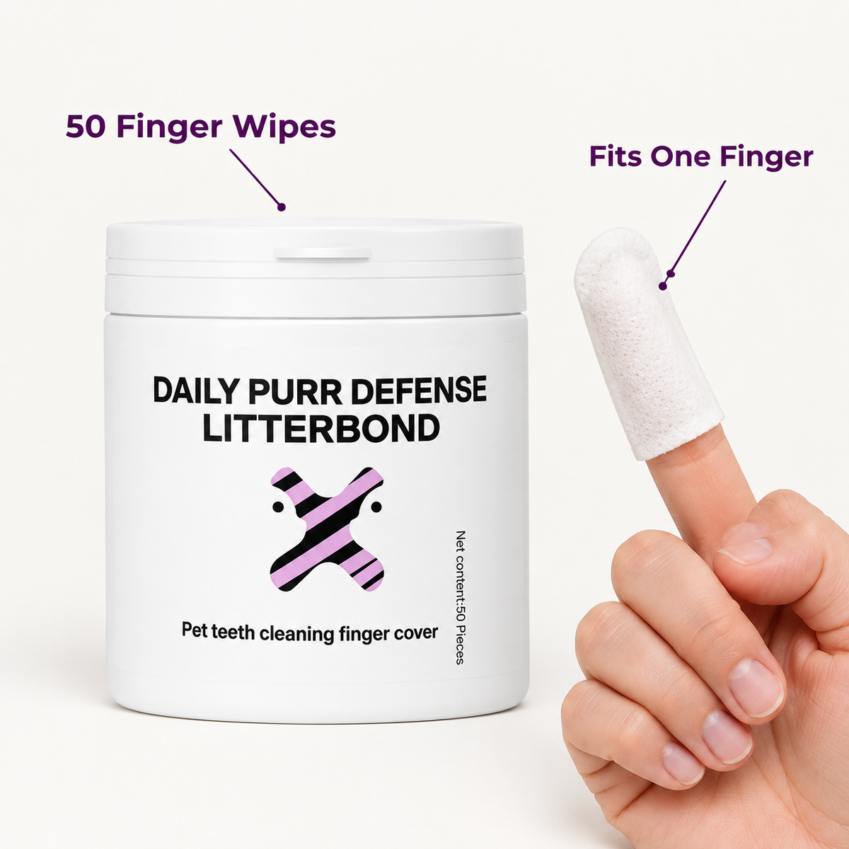 LitterBond PurrWipes Dental Finger Wipes 50 ct - size and materials