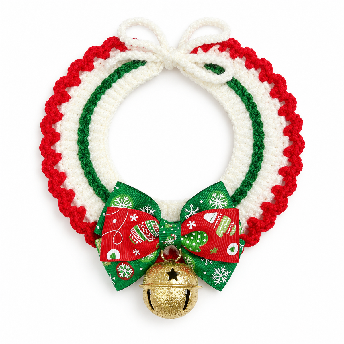 Gold Jingle Bell Ribbon Collar - Print Bow Red Edge