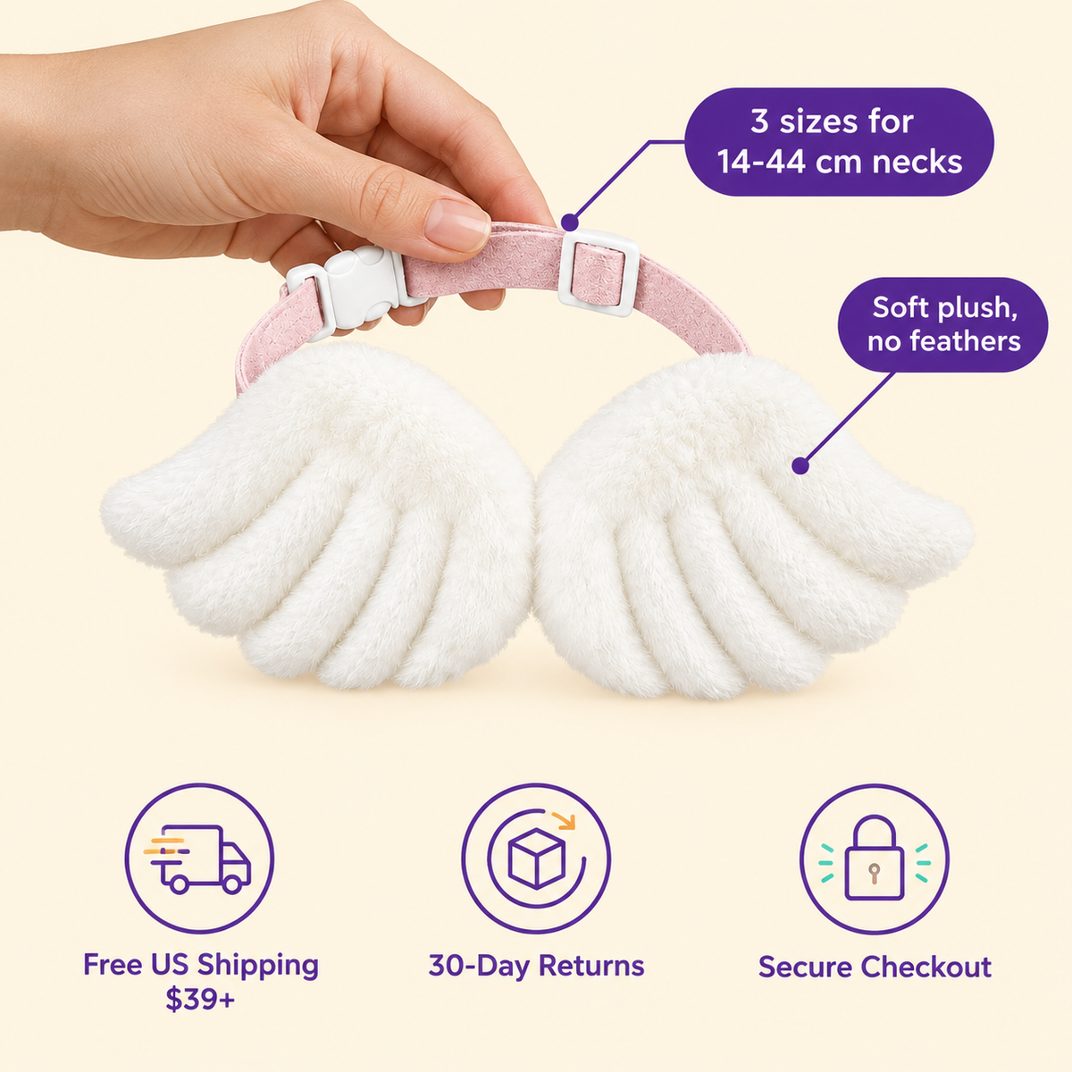 LitterBond Plush Angel Wings Collar - size and details