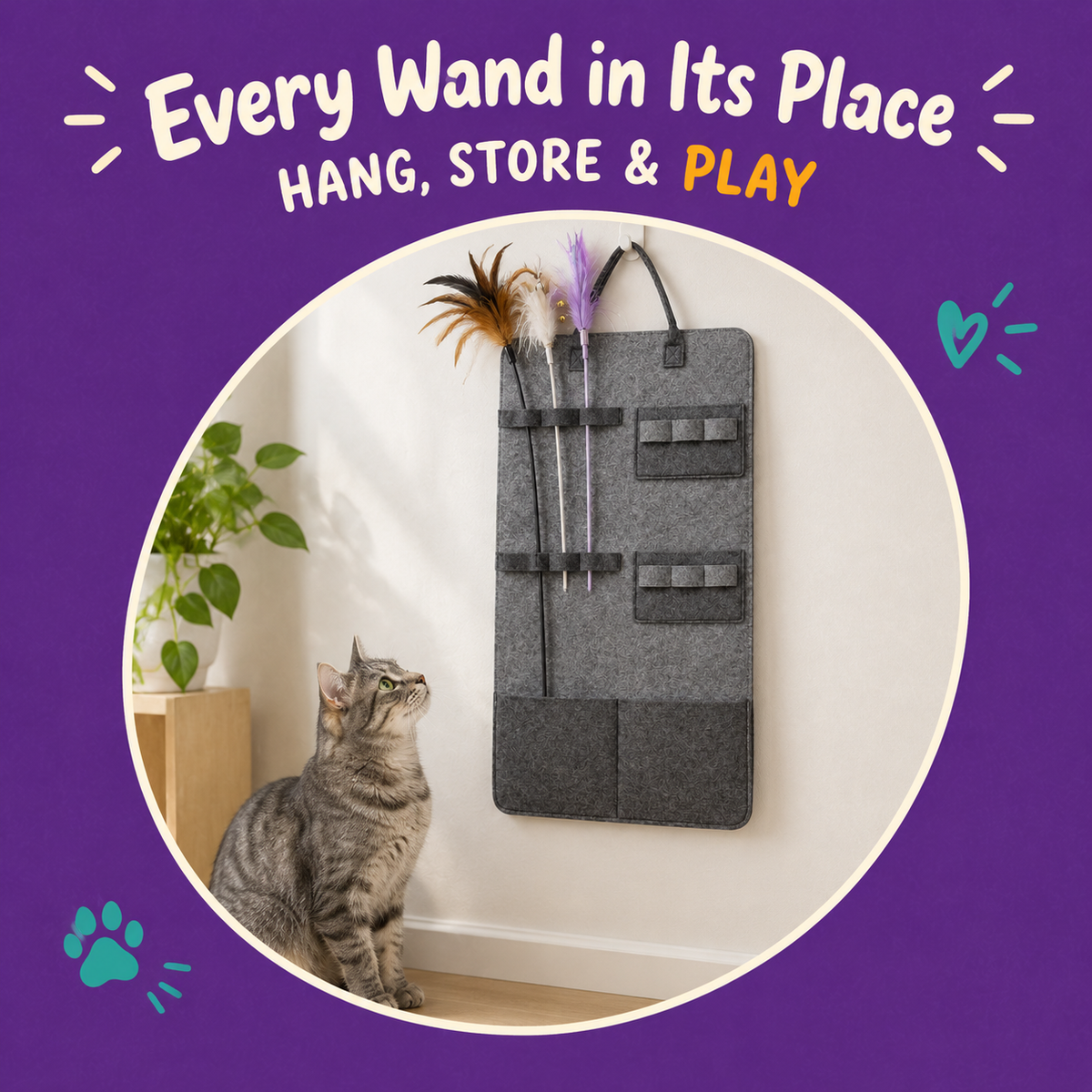 LitterBond Felt Wand Toy Organizer - in use with a cat