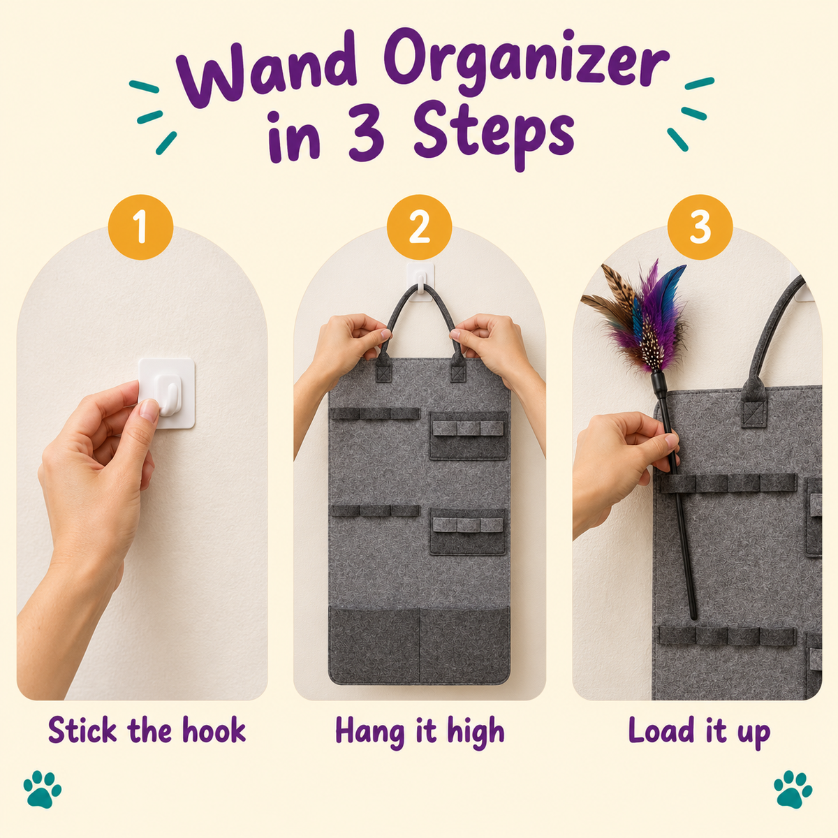LitterBond Felt Wand Toy Organizer - how to use in 3 steps