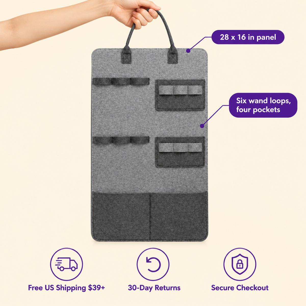 LitterBond Felt Wand Toy Organizer - size and details