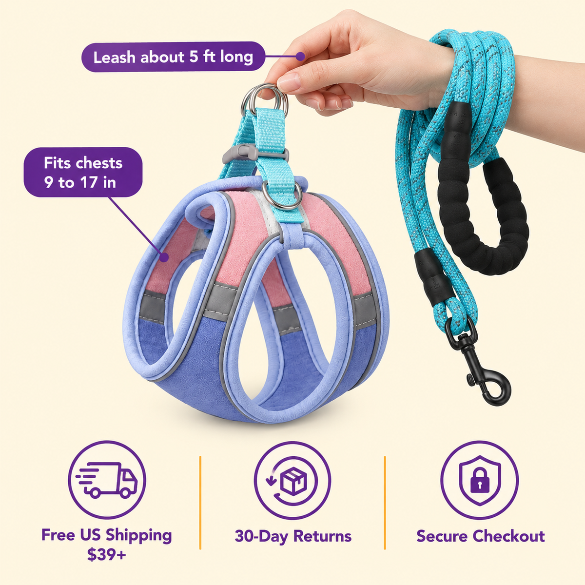 LitterBond Vest Harness & Reflective Leash Set - size and details