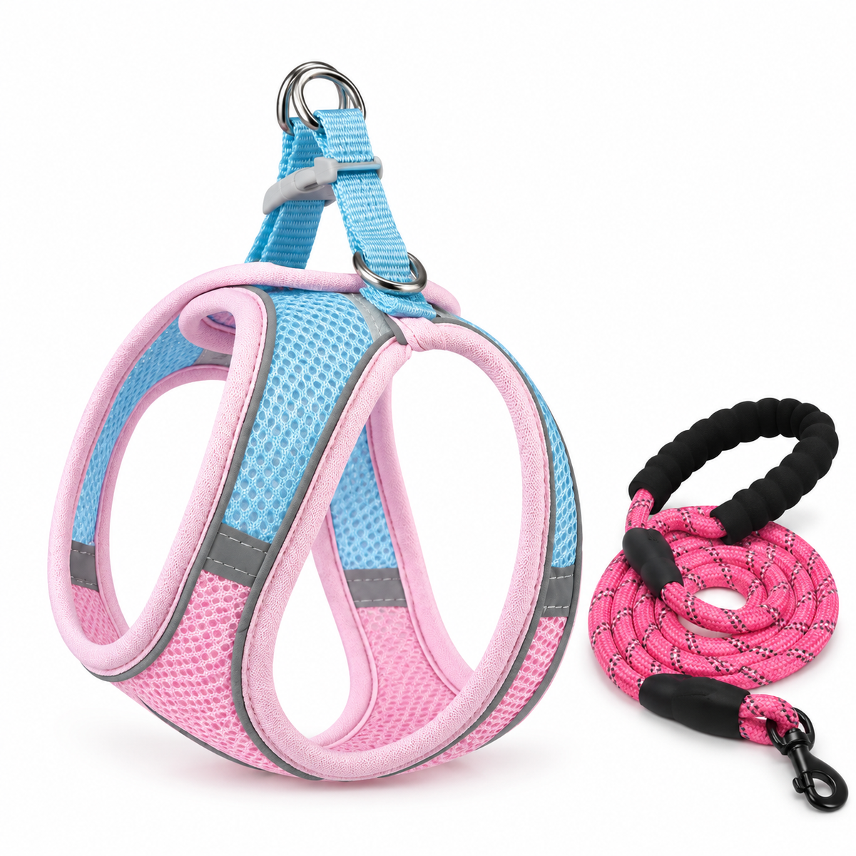 LitterBond Vest Harness & Reflective Leash Set - Baby Blue & Pink Mesh on white background
