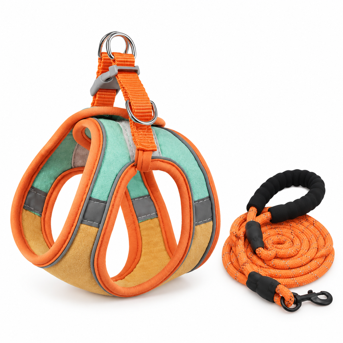 LitterBond Vest Harness & Reflective Leash Set - Mint & Orange on white background