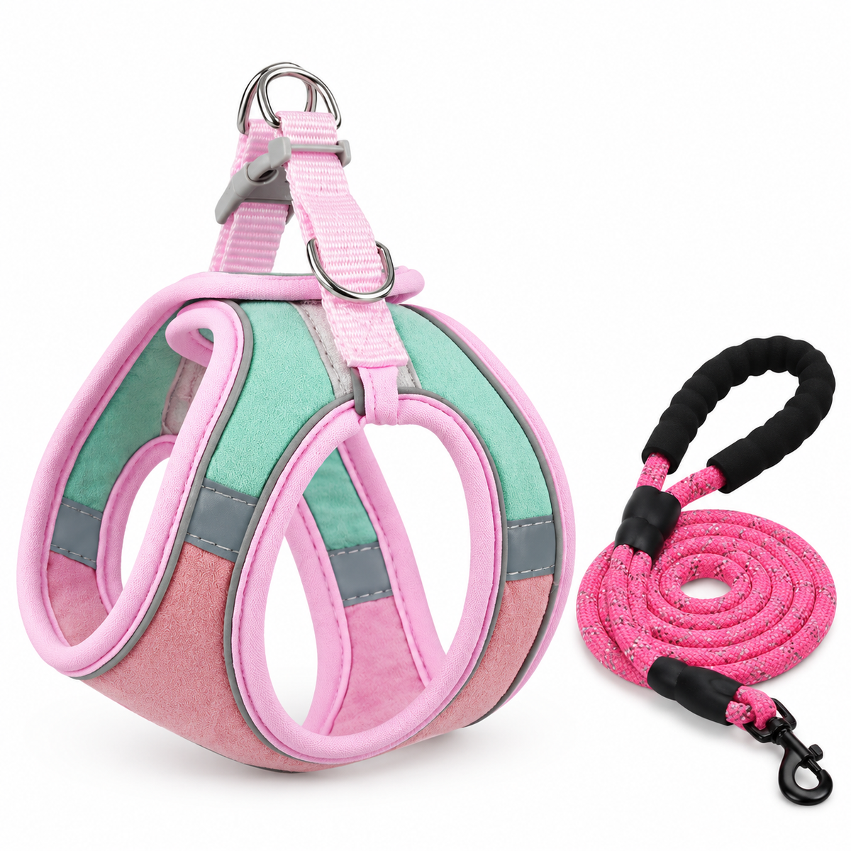 LitterBond Vest Harness & Reflective Leash Set - Mint & Pink on white background