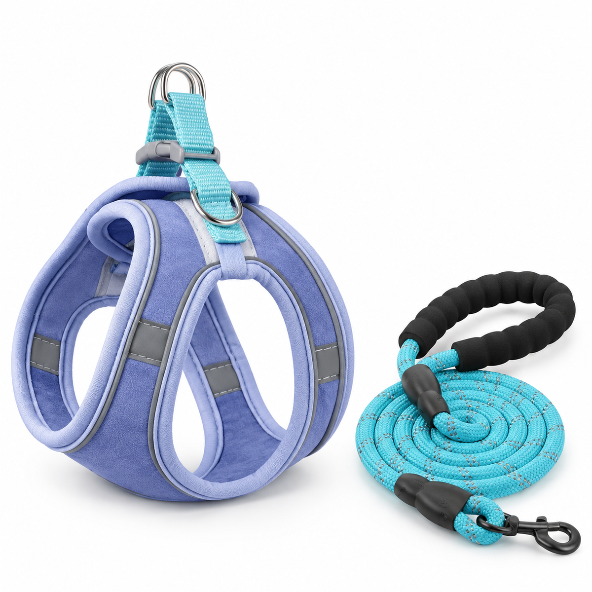 LitterBond Vest Harness & Reflective Leash Set - Periwinkle on white background