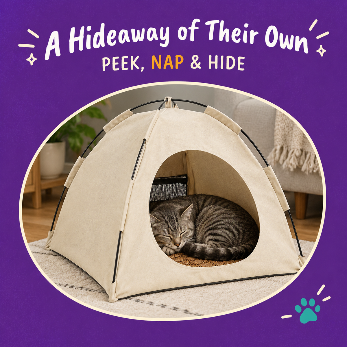 LitterBond Canvas Tent Bed - in use with a cat