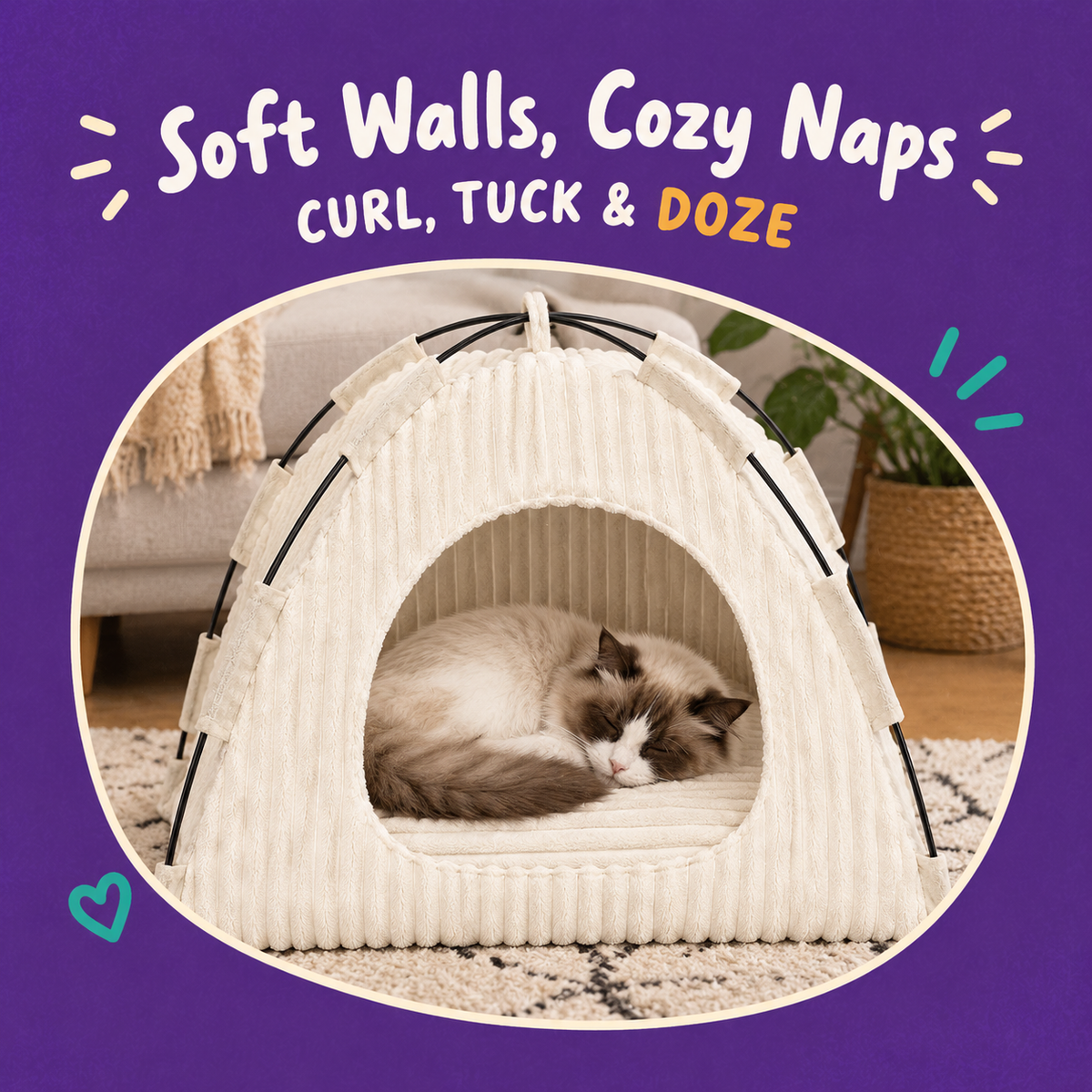 LitterBond Ribbed Plush Tent Bed - in use with a cat