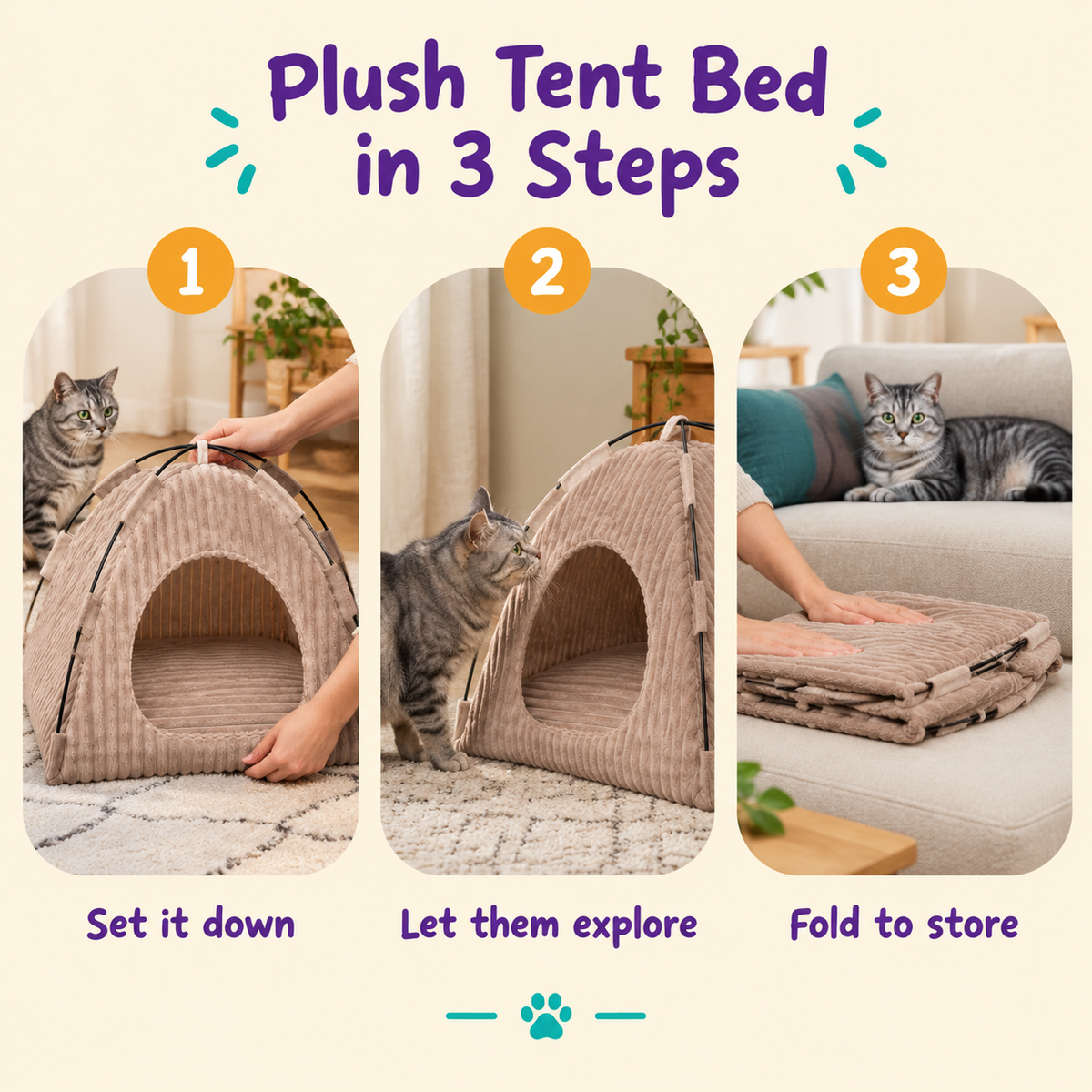 LitterBond Ribbed Plush Tent Bed - how to use in 3 steps