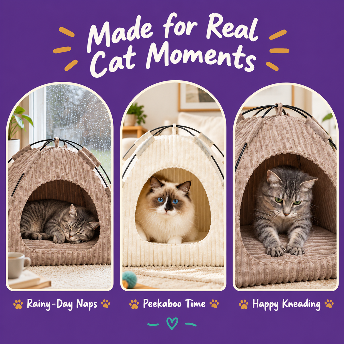 LitterBond Ribbed Plush Tent Bed - real cat moments