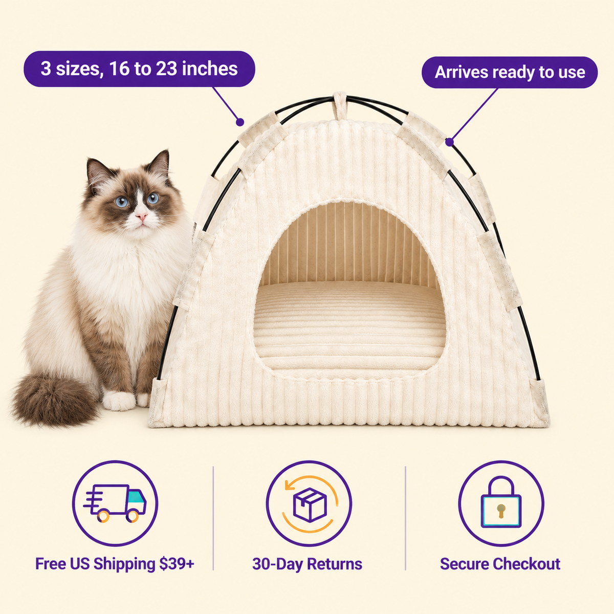 LitterBond Ribbed Plush Tent Bed - size and details