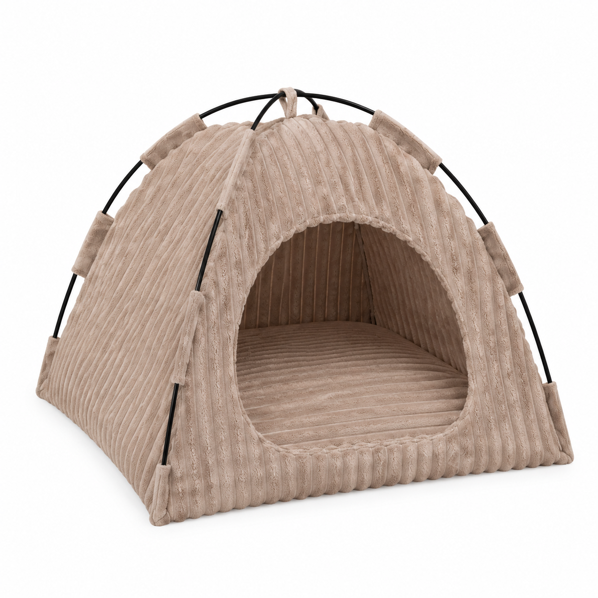 LitterBond Ribbed Plush Tent Bed - Latte on white background