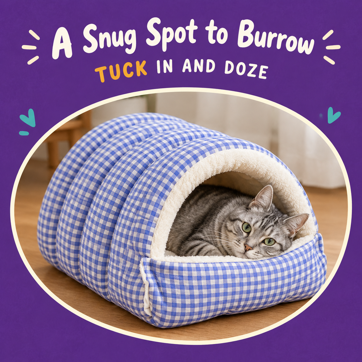 LitterBond Quilted Gingham Cave Bed - in use with a cat