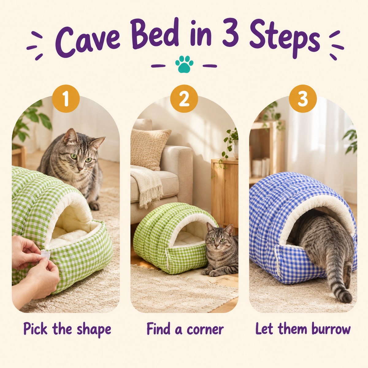 LitterBond Quilted Gingham Cave Bed - how to use in 3 steps