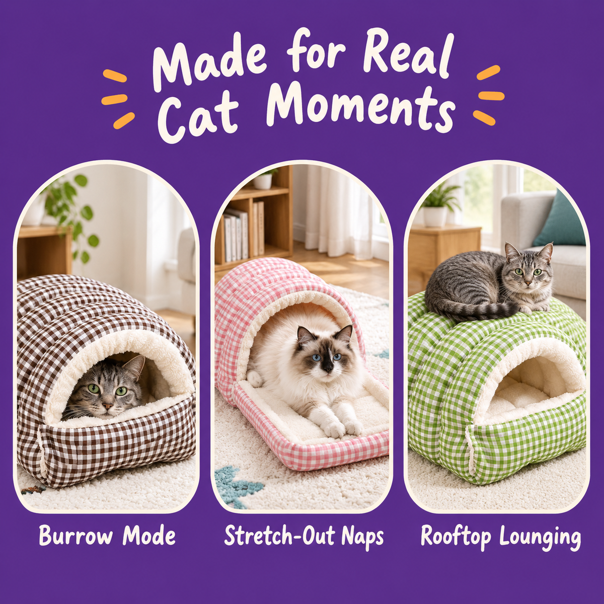 LitterBond Quilted Gingham Cave Bed - real cat moments
