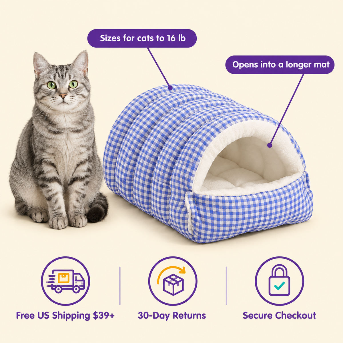 LitterBond Quilted Gingham Cave Bed - size and details