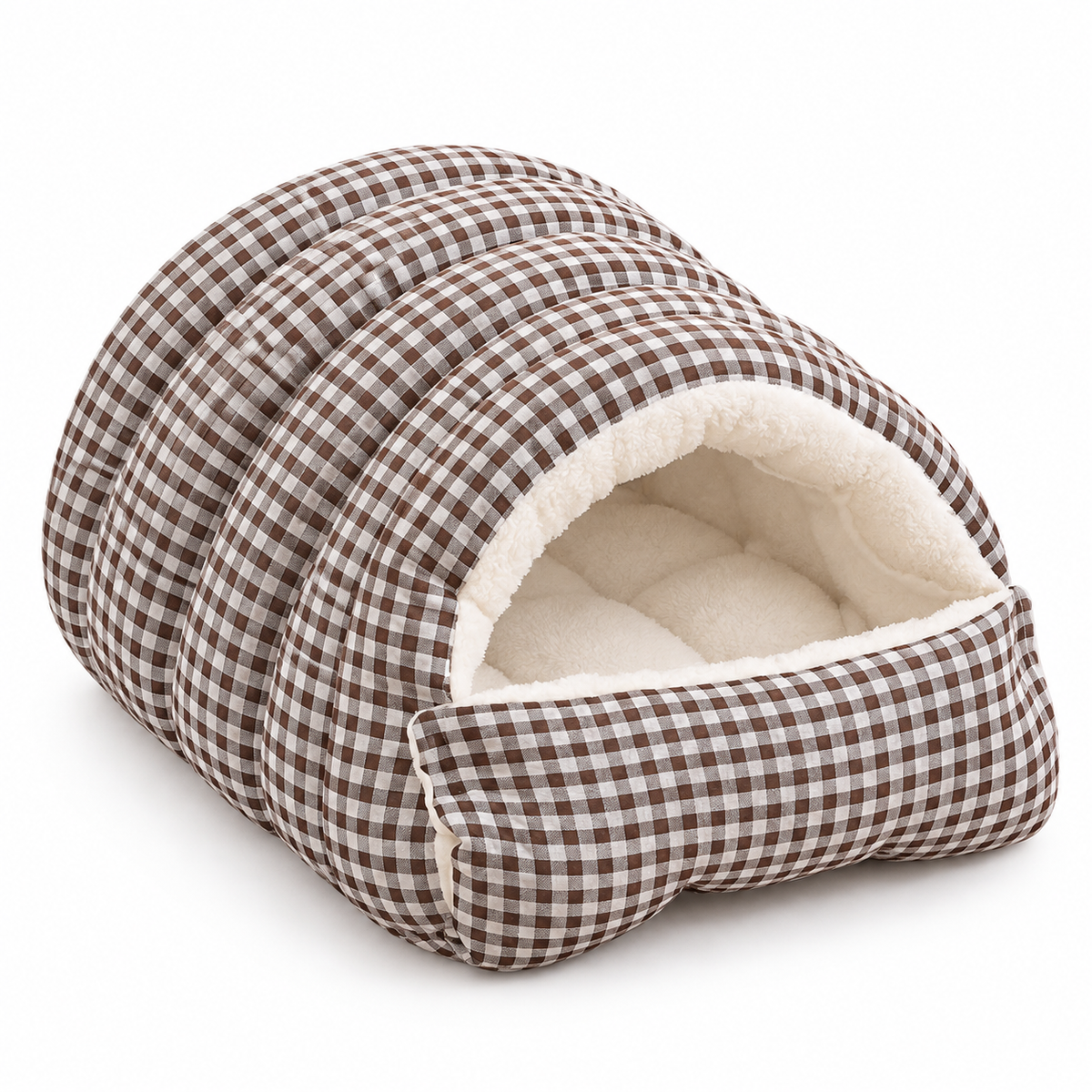 LitterBond Quilted Gingham Cave Bed - Brown Check on white background