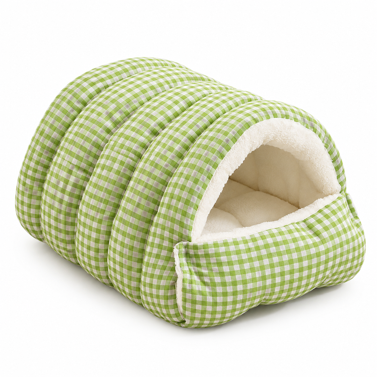 LitterBond Quilted Gingham Cave Bed - Green Check on white background