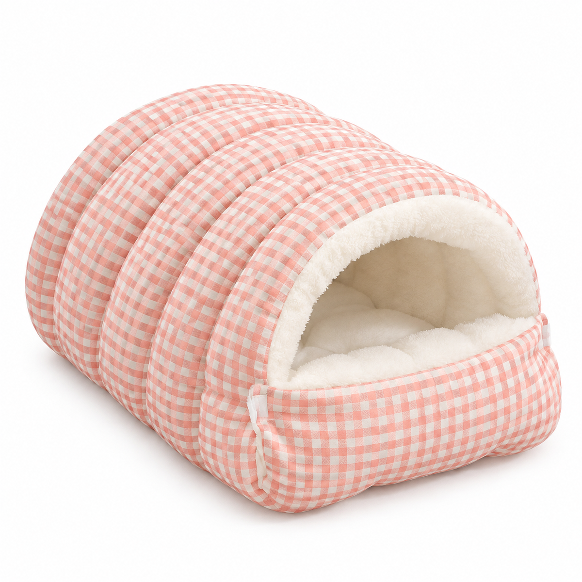 LitterBond Quilted Gingham Cave Bed - Pink Check on white background
