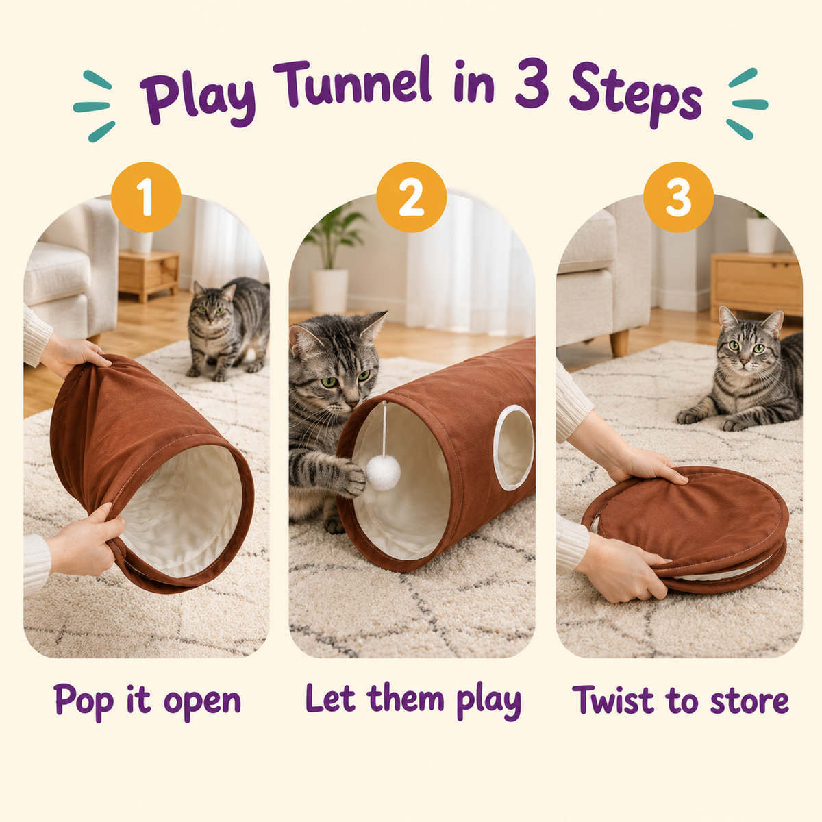 LitterBond Collapsible Play Tunnel - how to use in 3 steps