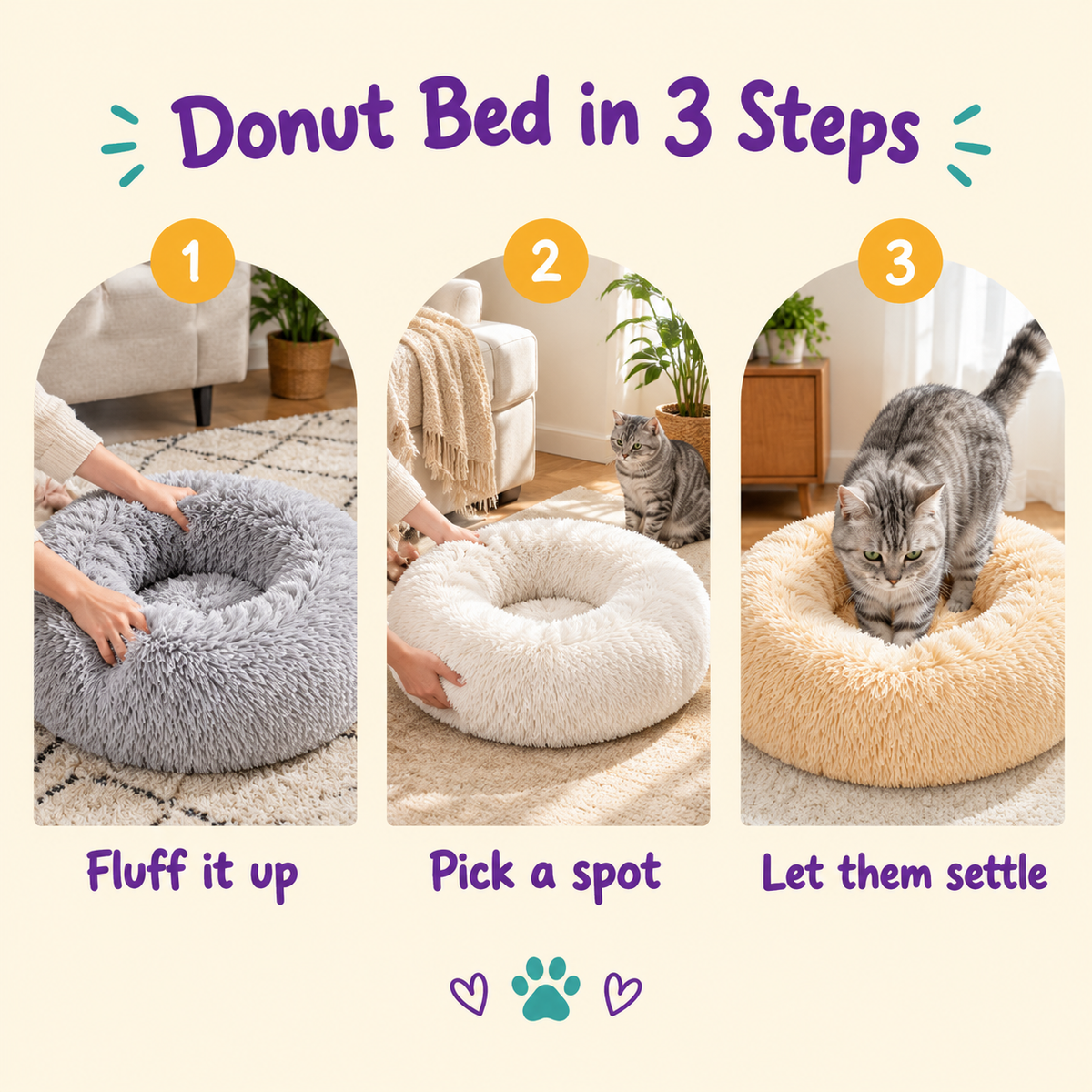 LitterBond Round Plush Donut Bed - how to use in 3 steps