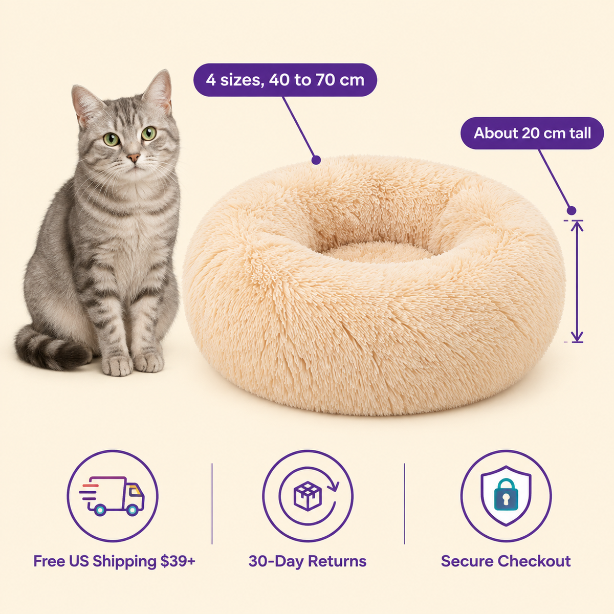 LitterBond Round Plush Donut Bed - size and details