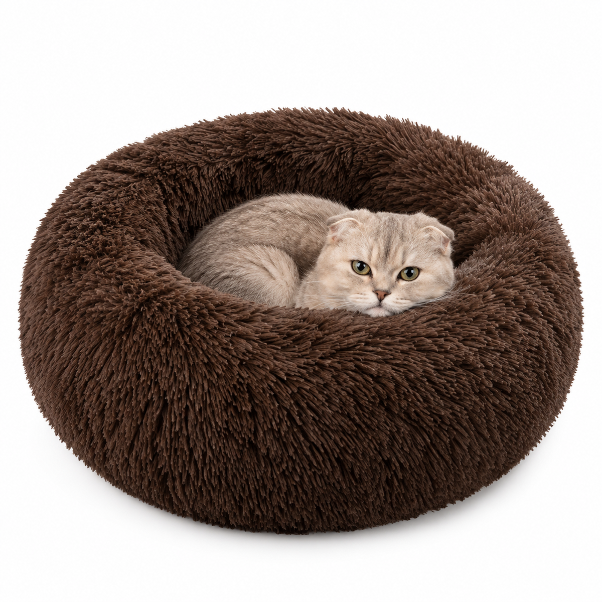 LitterBond Round Plush Donut Bed - Coffee Brown on white background