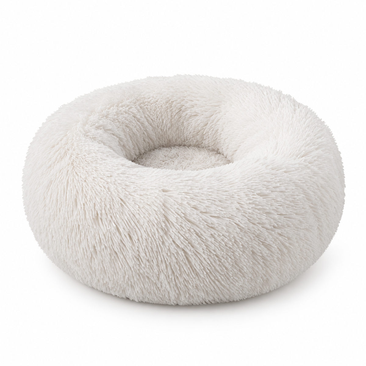 LitterBond Round Plush Donut Bed - White on white background