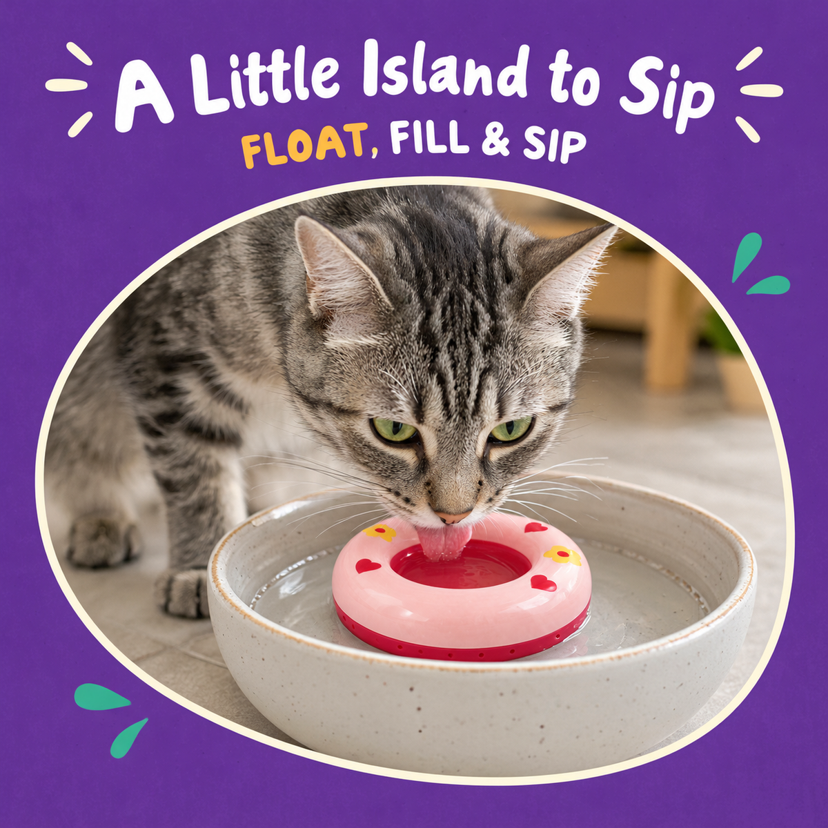 LitterBond Floating Water Bowl Ring - in use with a cat