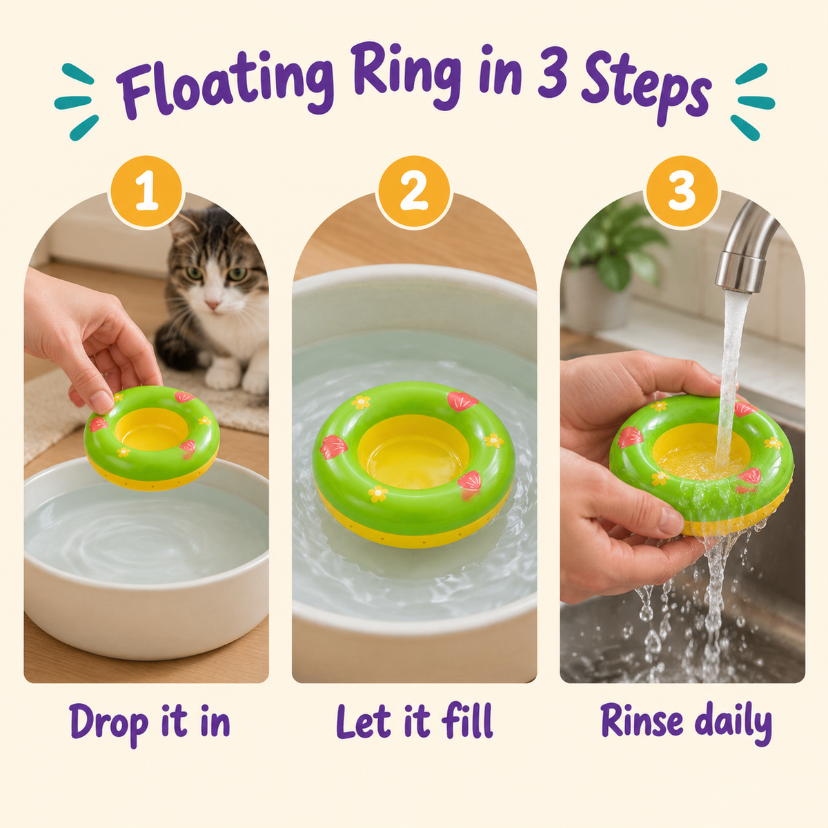 LitterBond Floating Water Bowl Ring - how to use in 3 steps