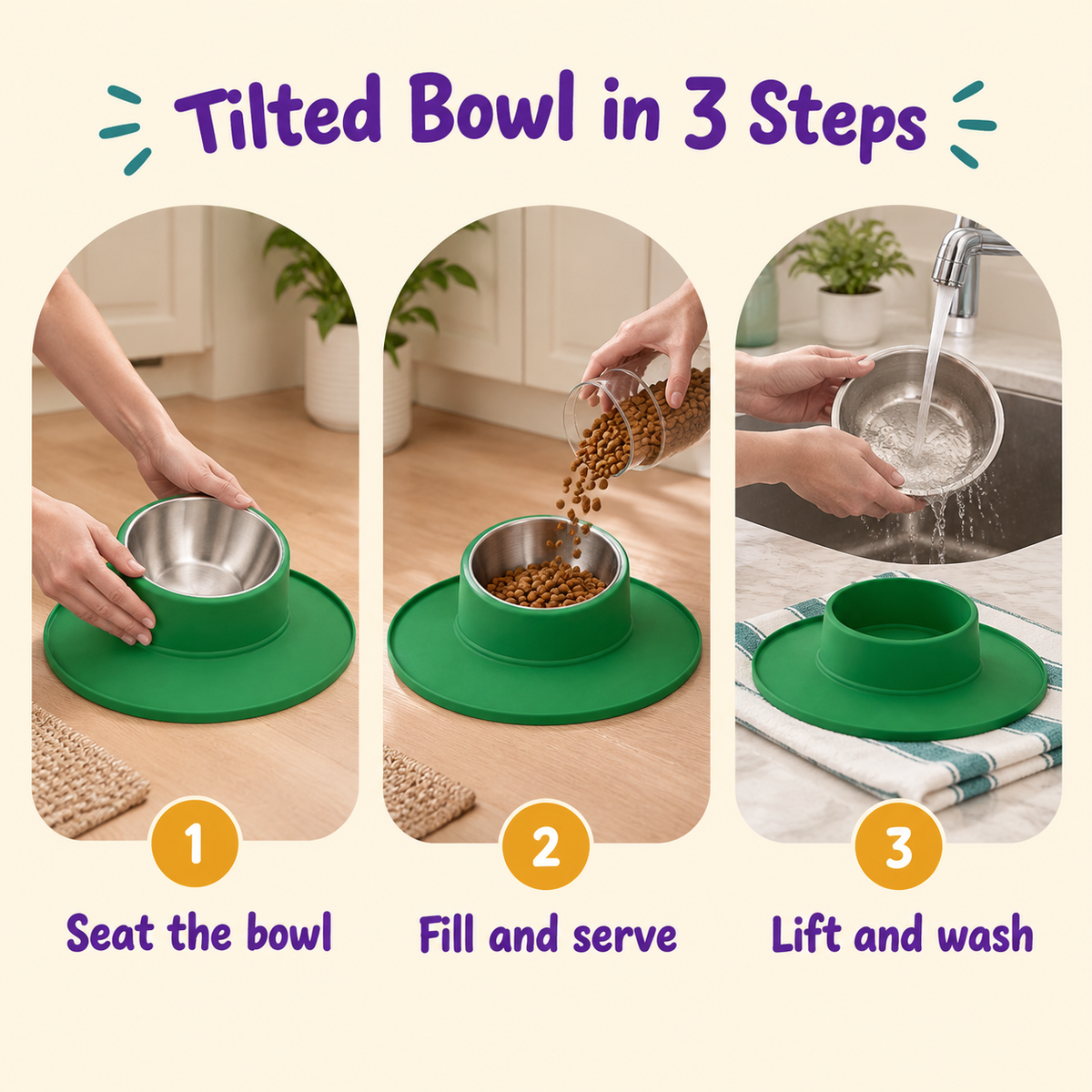 LitterBond Tilted Non-Slip Food Bowl - how to use in 3 steps