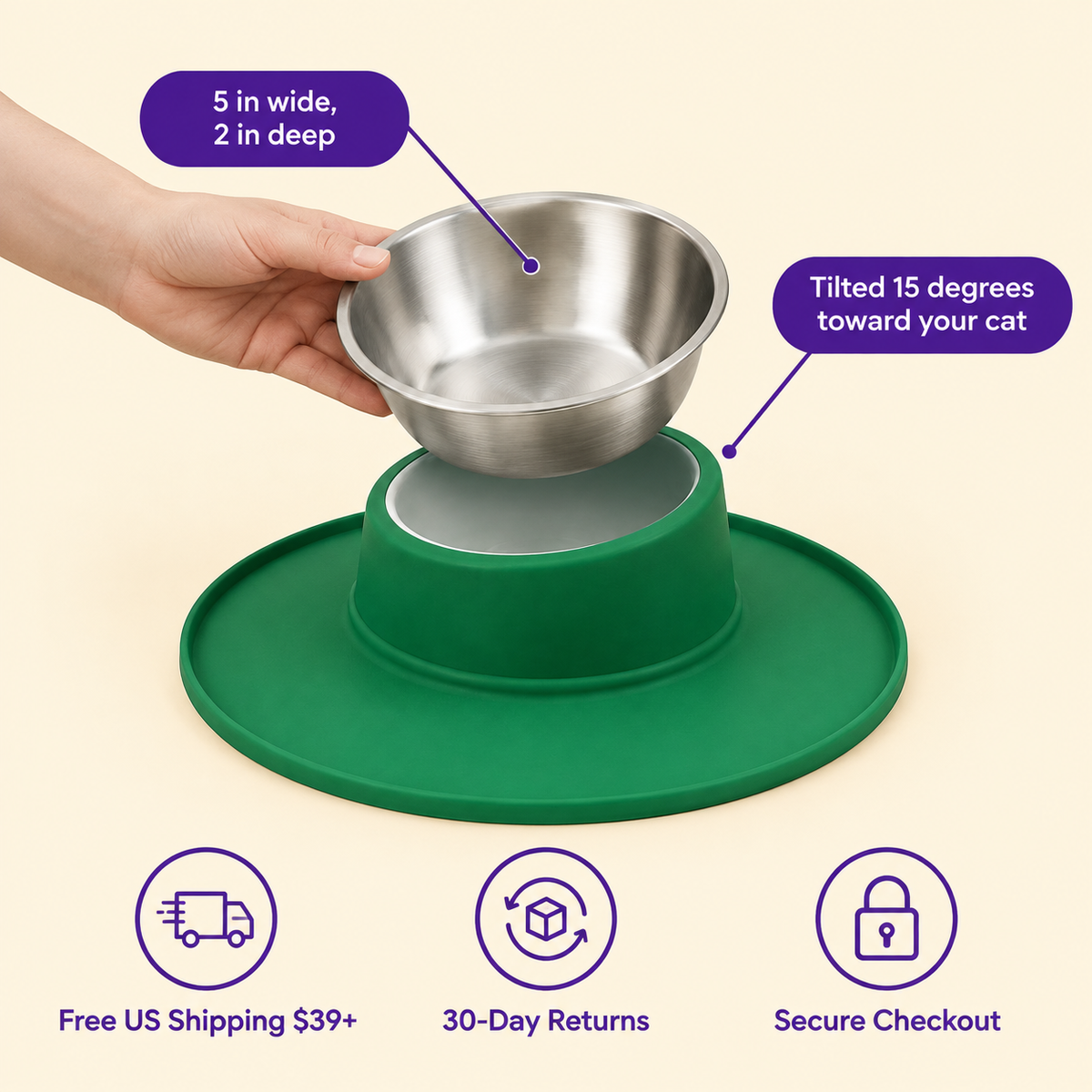 LitterBond Tilted Non-Slip Food Bowl - size and details