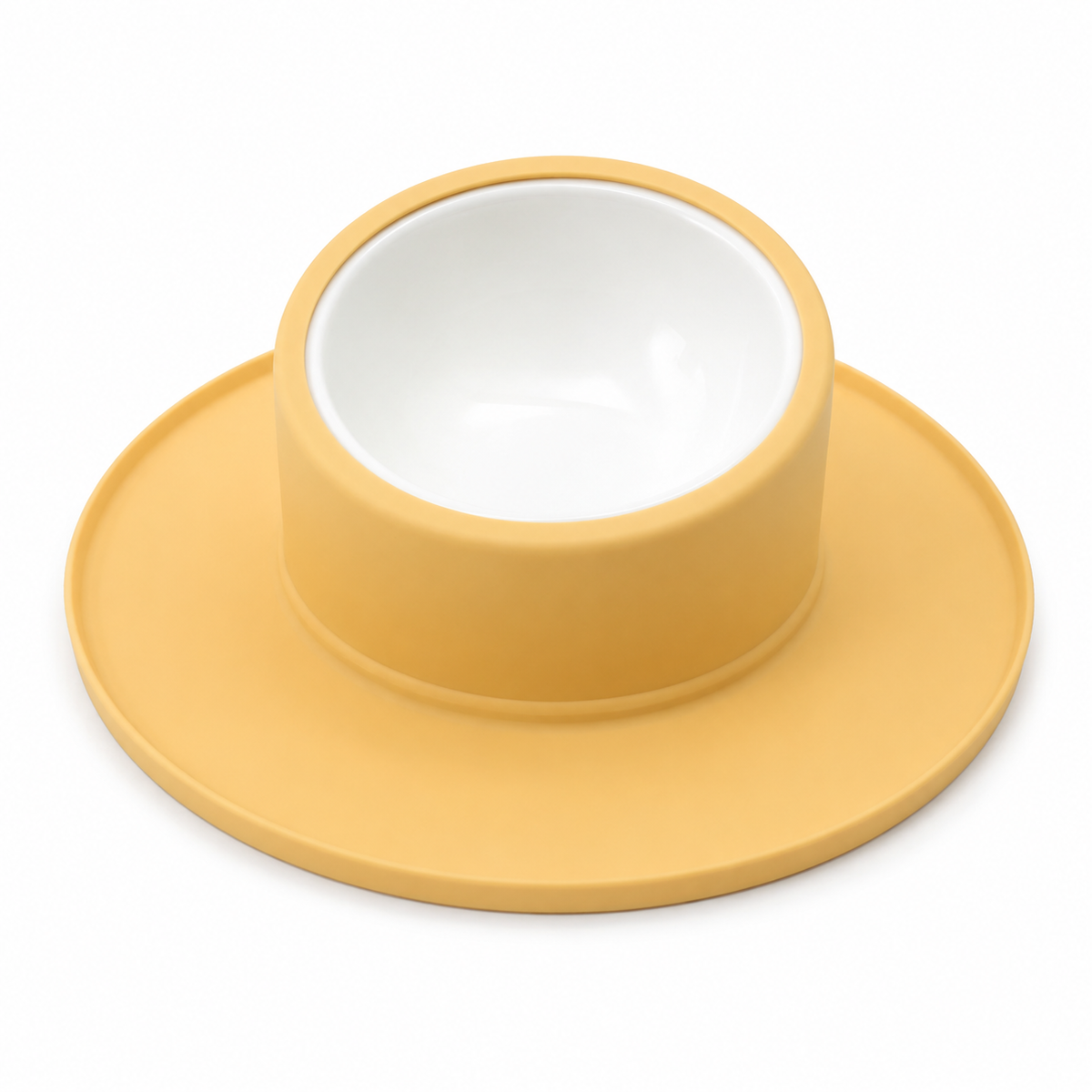 LitterBond Tilted Non-Slip Food Bowl - Yellow / Ceramic on white background