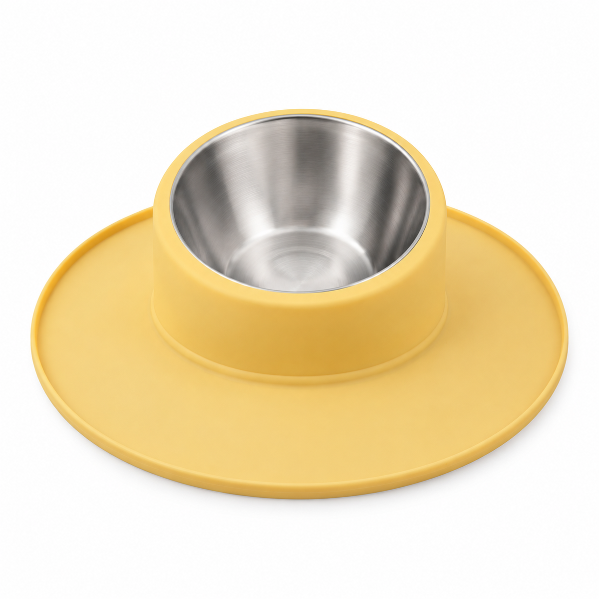LitterBond Tilted Non-Slip Food Bowl - Yellow / Stainless Steel on white background