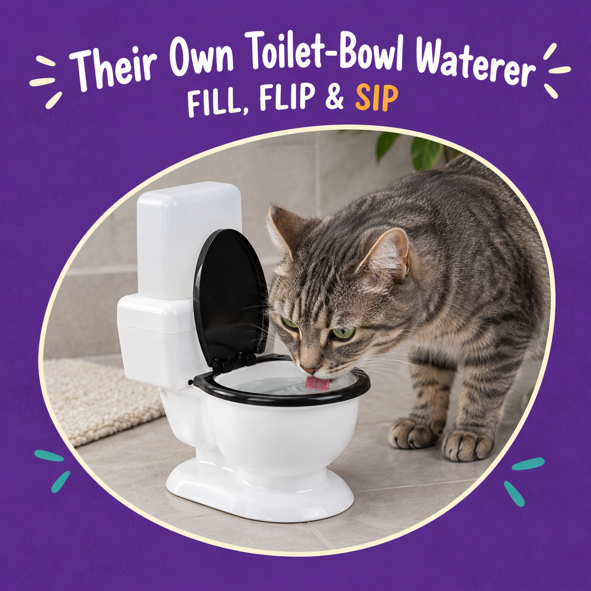 LitterBond Mini Toilet Gravity Waterer 600 ml - in use with a cat