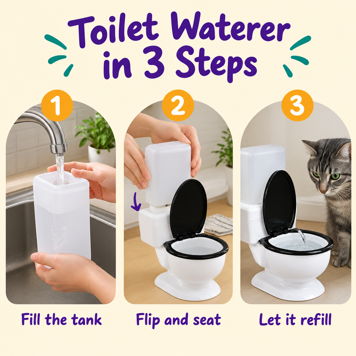 LitterBond Mini Toilet Gravity Waterer 600 ml - how to use in 3 steps