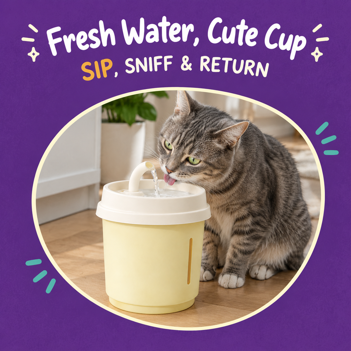 LitterBond Milk Tea Cup Water Fountain 1.8 L - in use with a cat