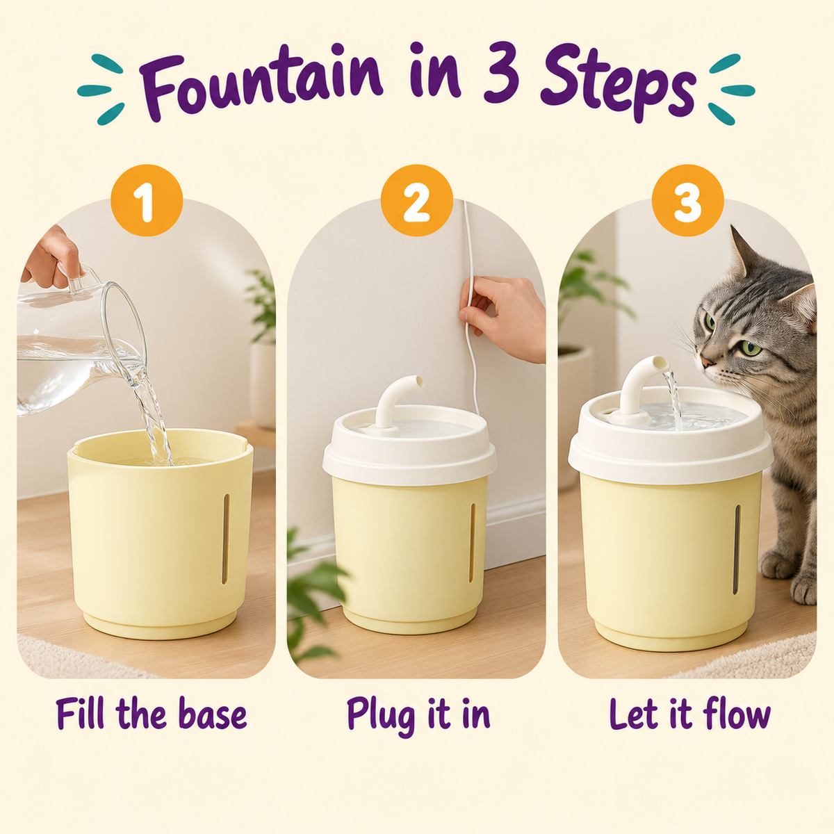 LitterBond Milk Tea Cup Water Fountain 1.8 L - how to use in 3 steps