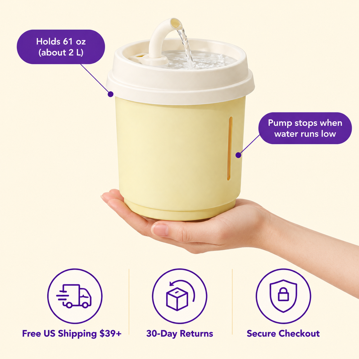 LitterBond Milk Tea Cup Water Fountain 1.8 L - size and details