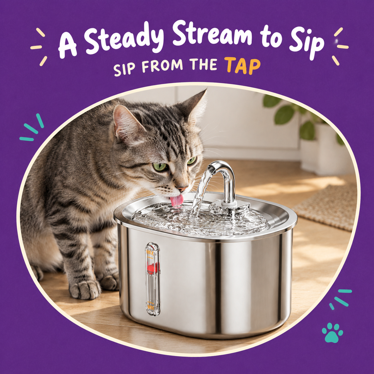 LitterBond Stainless Steel Water Fountain 2.5 L - in use with a cat