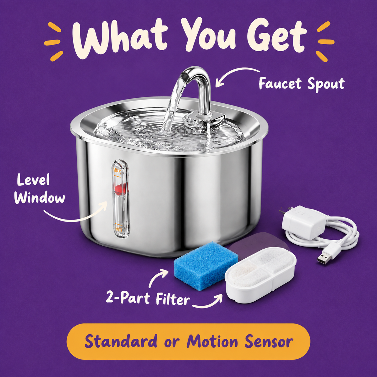 LitterBond Stainless Steel Water Fountain 2.5 L - what you get