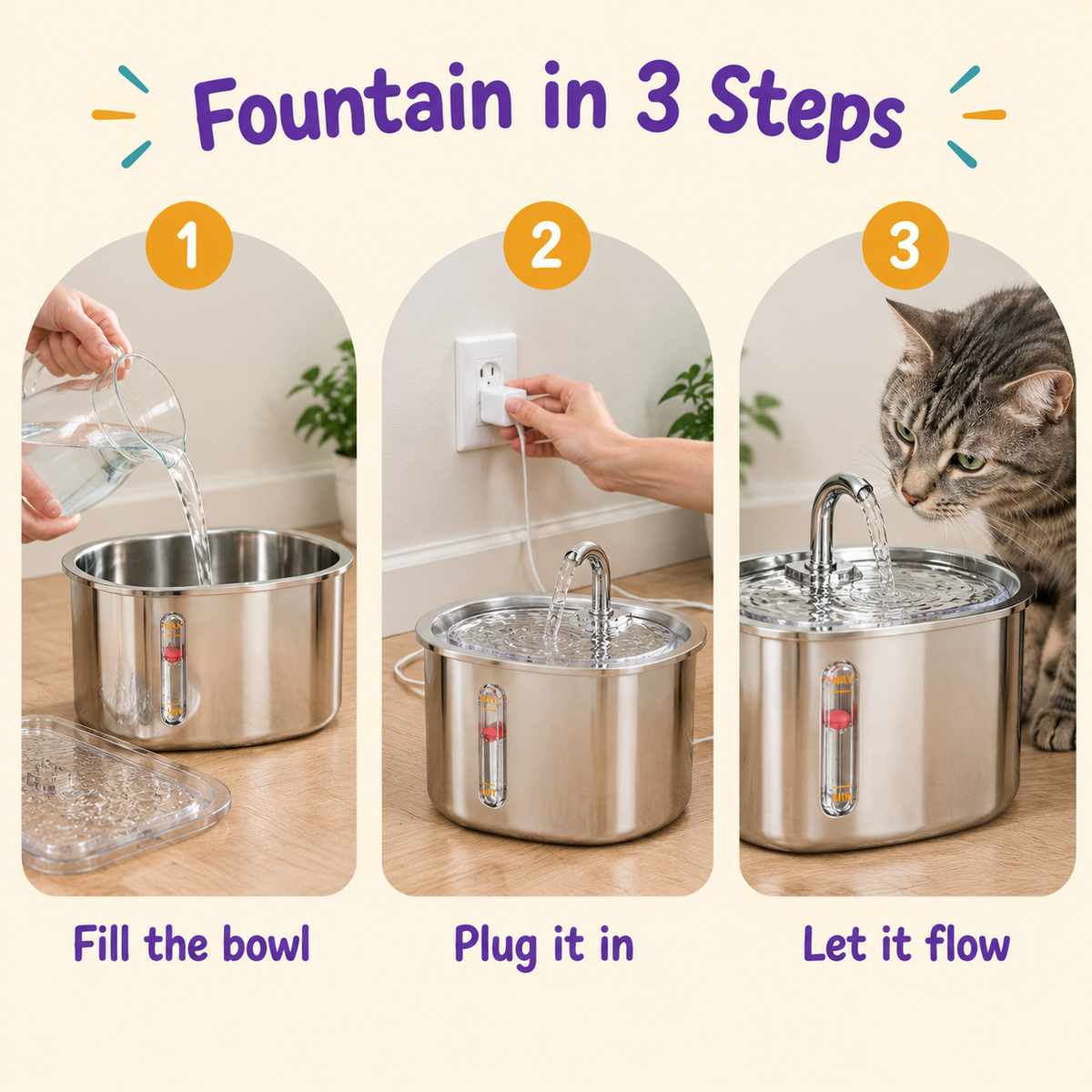 LitterBond Stainless Steel Water Fountain 2.5 L - how to use in 3 steps