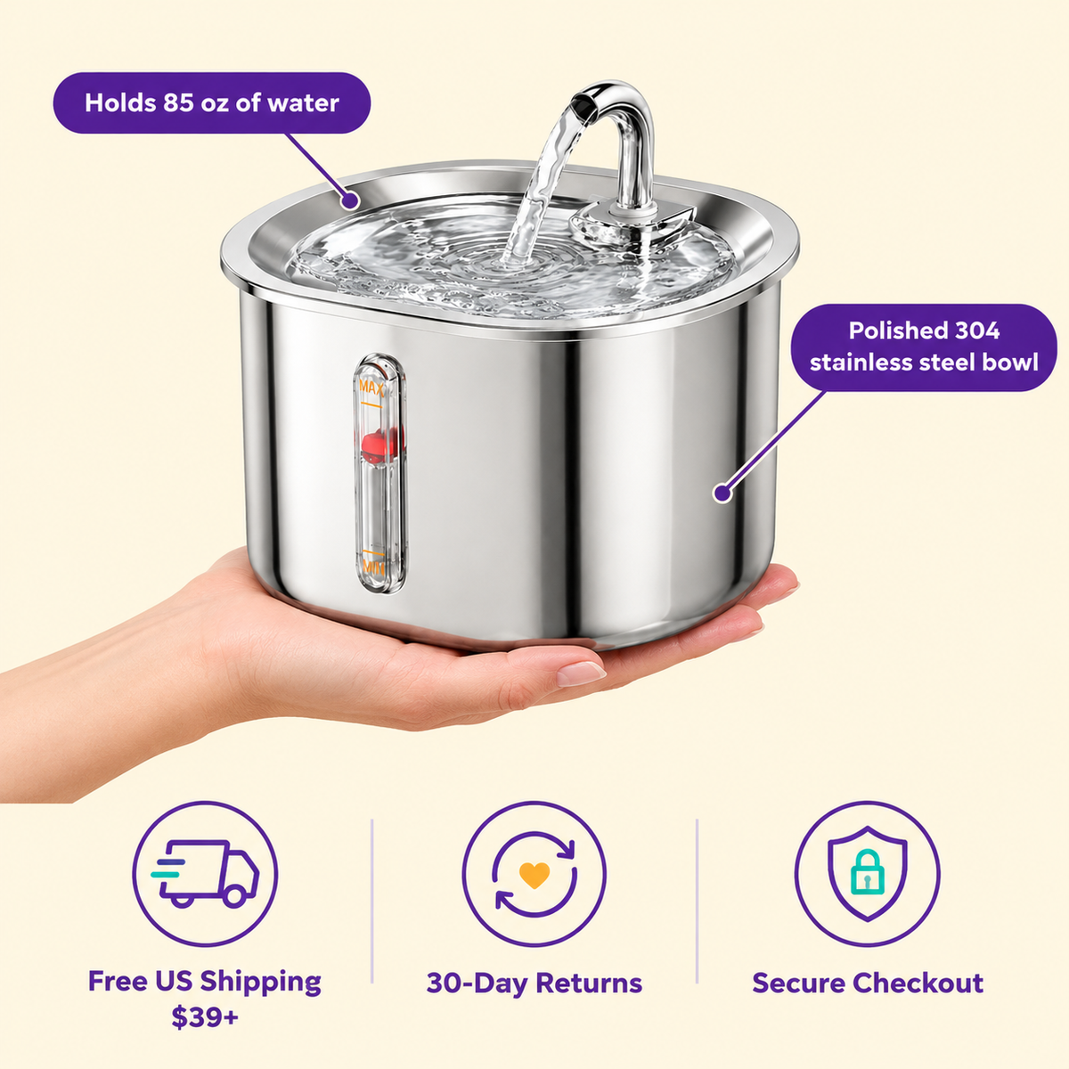 LitterBond Stainless Steel Water Fountain 2.5 L - size and details