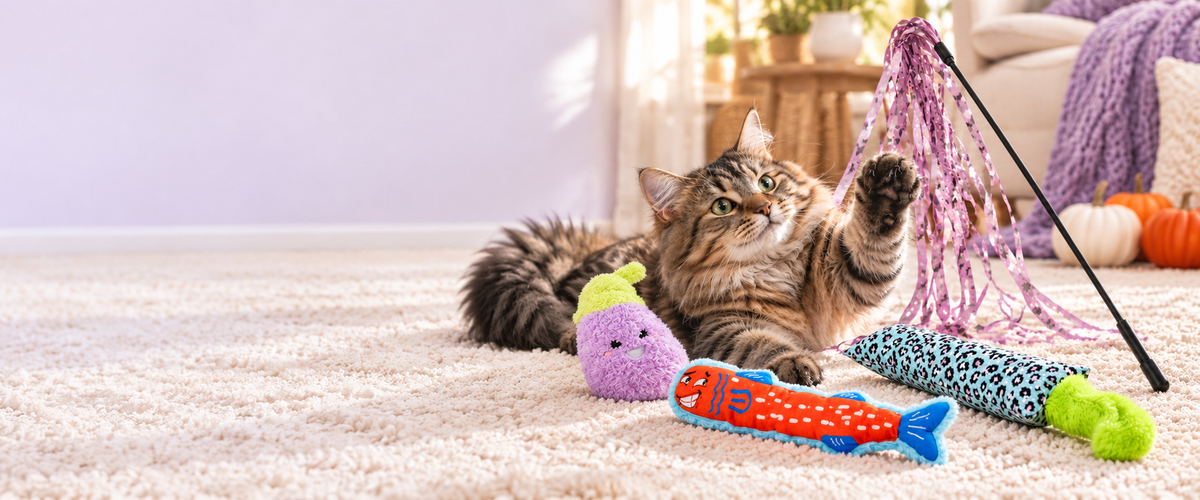 Fluffy tabby cat batting a purple ribbon wand on a cream rug surrounded by LitterBond plush cat toys