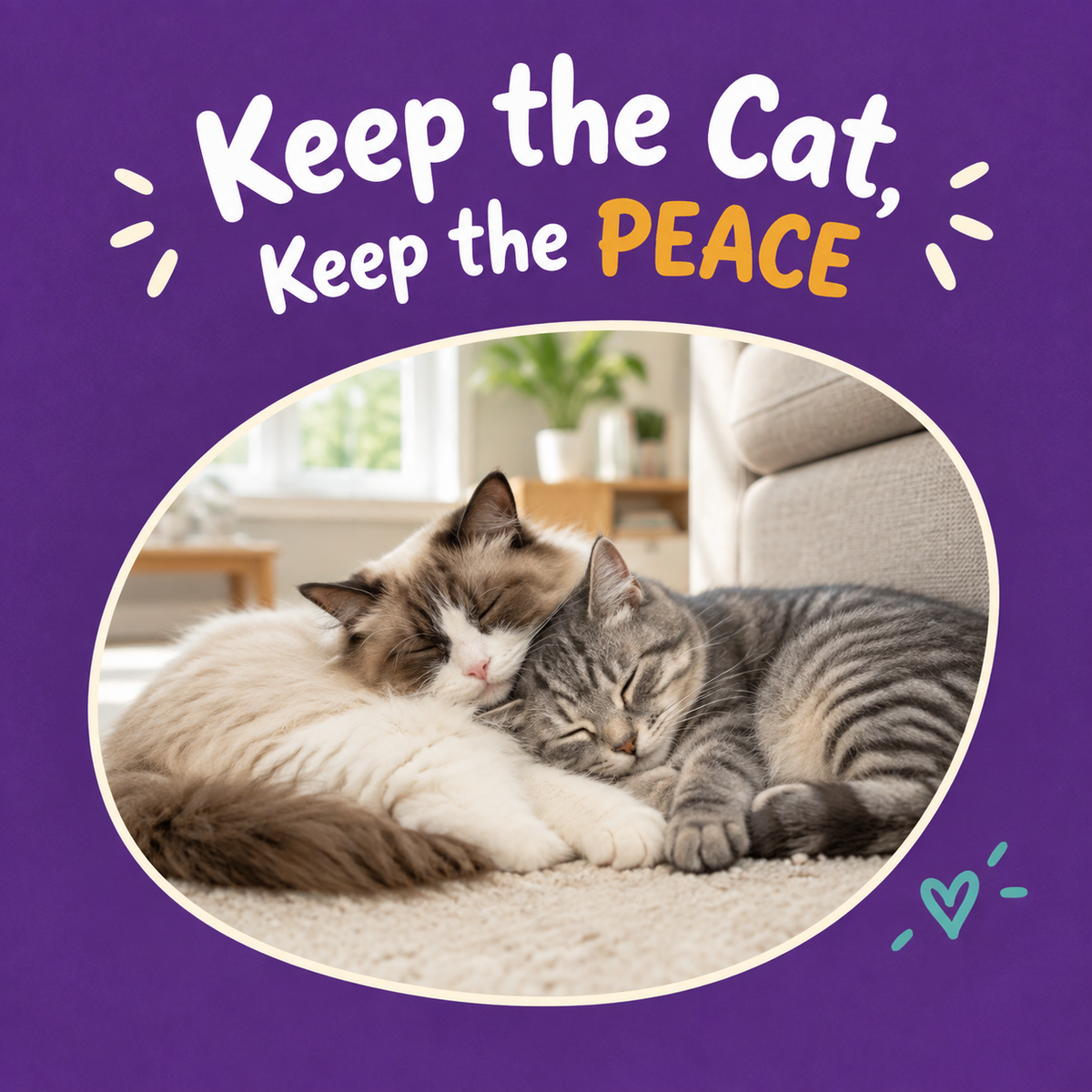 A Ragdoll and a grey tabby cat asleep together on a living room carpet, headline Keep the Cat, Keep the Peace