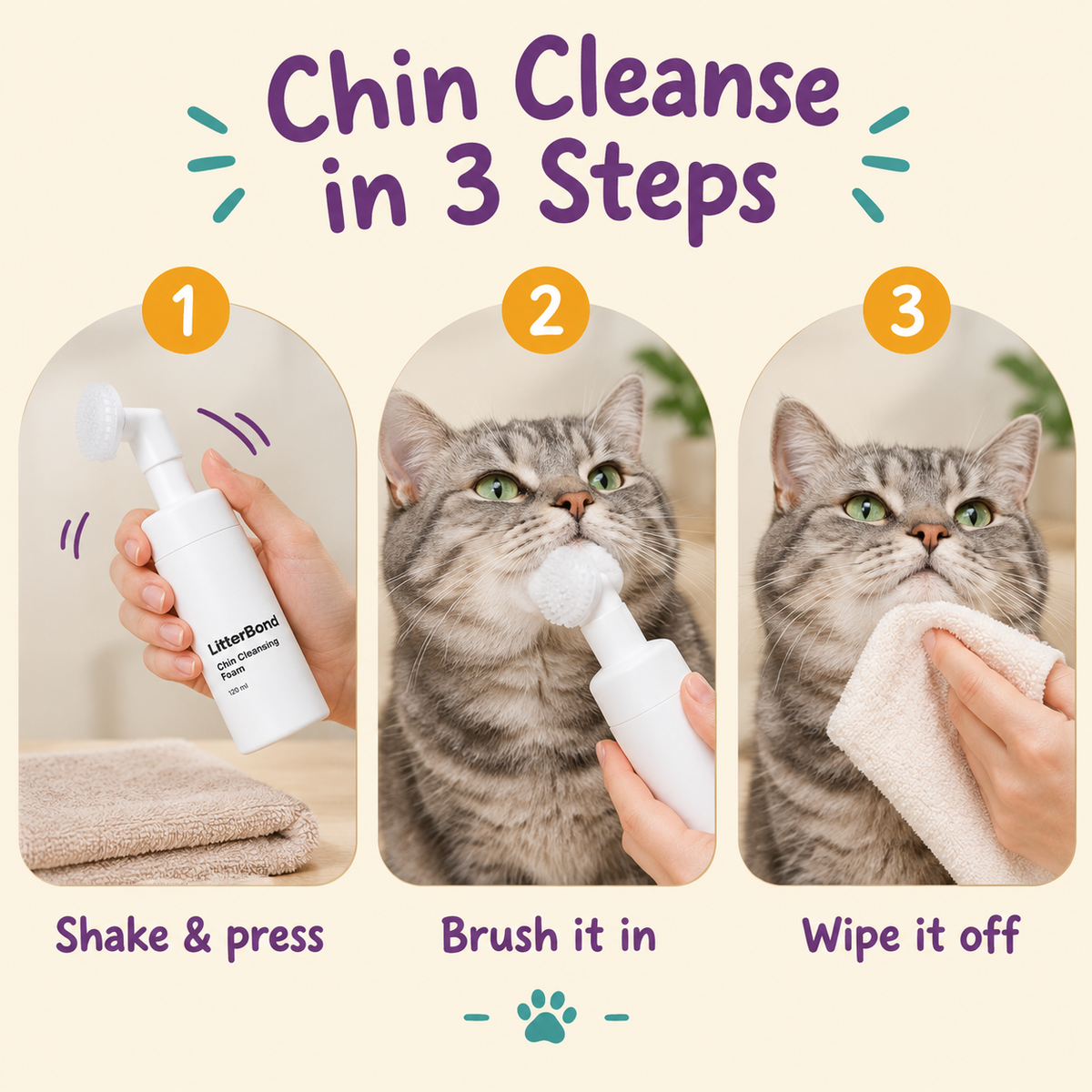LitterBond Chin Cleansing Foam 120 ml - how to use in 3 steps